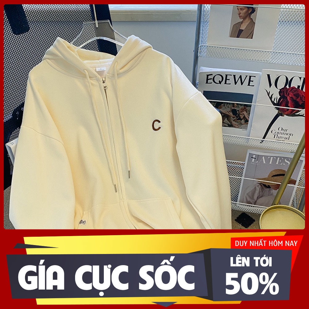 Áo Khoác Hoodies Nữ form rộng Ulzzang Safairia Unisex, Áo nỉ cao cấp chữ C, khóa kéo Thời Trang Nữ Hot Nhất 2022 KN86