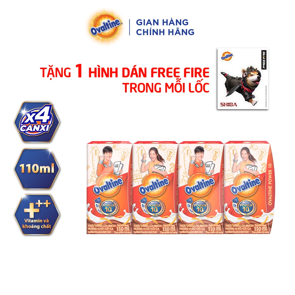 (TẶNG 1 HÌNH DÁN FREE FIRE) Thức uống lúa mạch hương vị sô-cô-la Ovaltine công thức mới (hộp giấy 110mlx4)