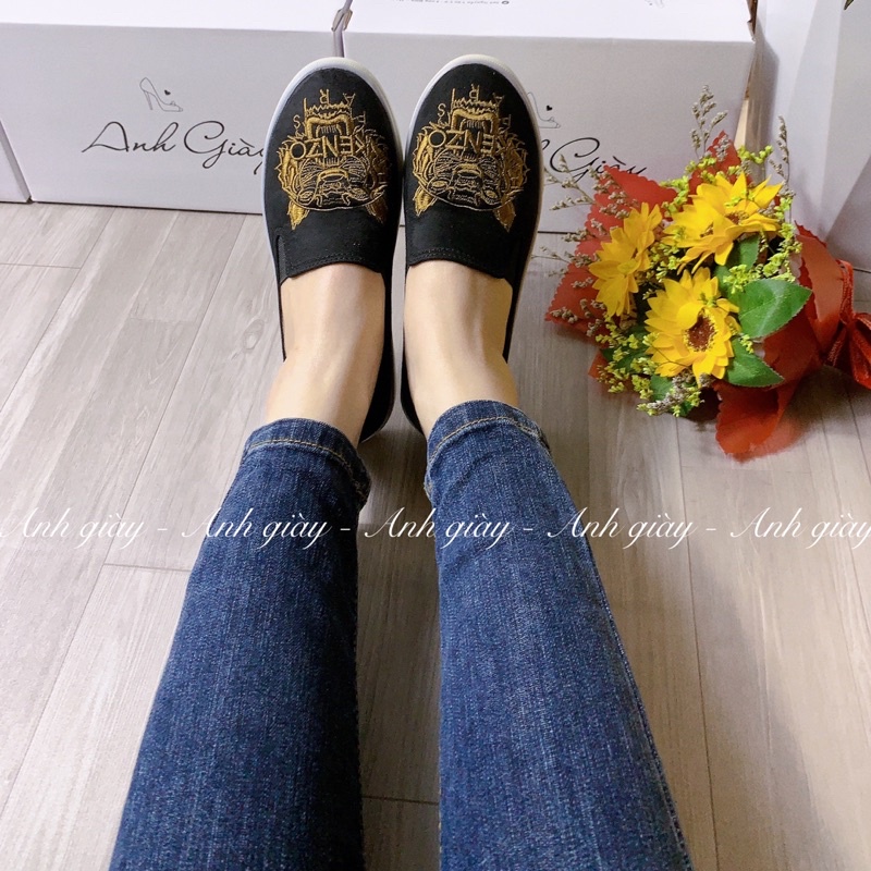 TT02 - Giày Slipon đế bánh mì da lộn thêu , giày lười nữ đế bằng chất da lộn mềm đế êm phù hợp đi học đi làm đi chơi