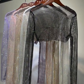 Áo Croptop Lưới Tay Dài Đính Đá Nhìn Xuyên Thấu Cho Nữ