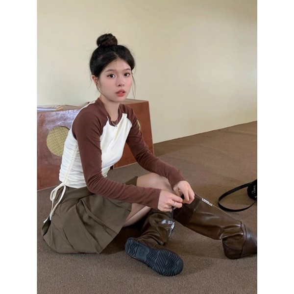Áo croptop trắng nâu phối màu rút dây hai bên nữ RD130