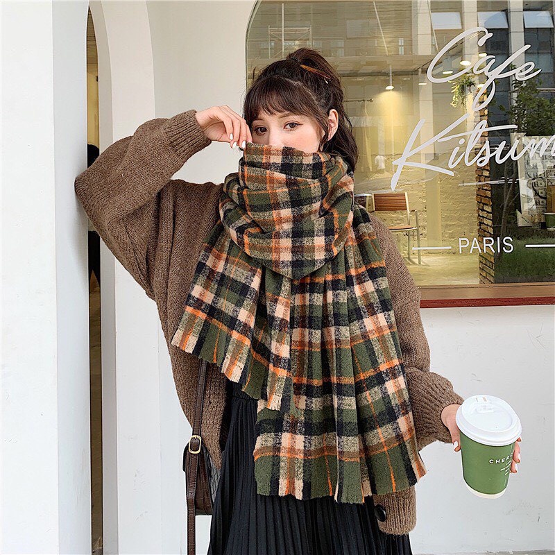 Khăn quàng cổ nam nữ choàng cổ lông thỏ caro vintage, mềm mịn dày cực ấm Beo Chan