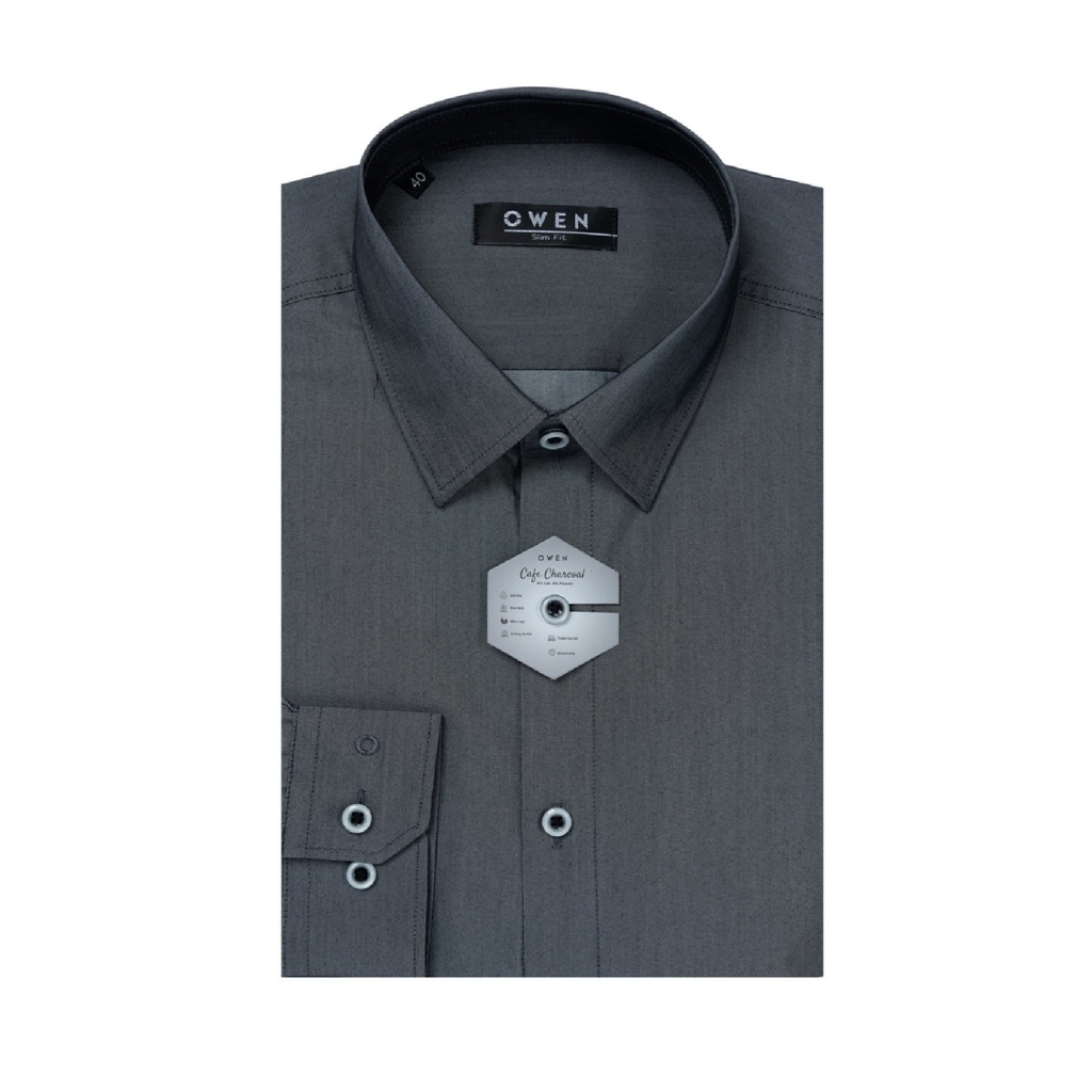 Áo sơ mi dài tay nam OWEN AS221248D somi công sở vải café cao cấp màu ghi chambray dáng slim fit tà lượn không túi