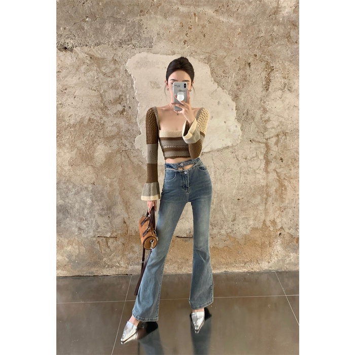 Áo dệt kim ZHELIHANGFEI tay dài cổ vuông hở lưng quyến rũ phong cách thời trang Pháp