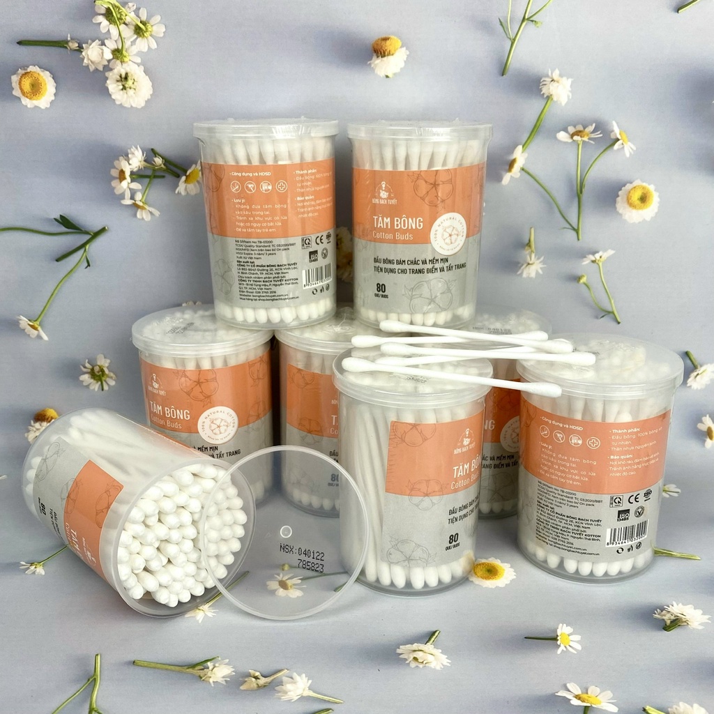 Tăm Bông 80 QUE/ HỘP TRÒN COTTON BUDS đầu tăm lớn có nắp BÔNG BẠCH TUYẾT