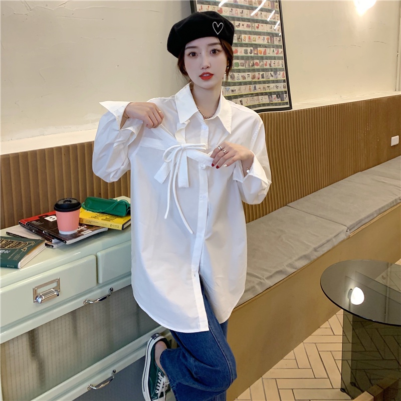 Áo Sơ Mi Rộng Cổ Bẻ Cài Nút Thắt Nơ Thiết Kế Mới