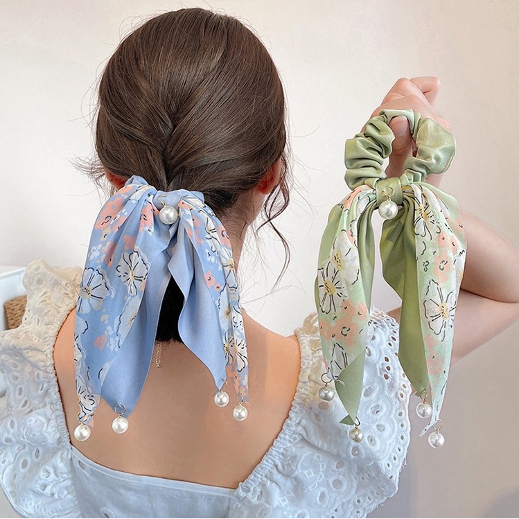 Dây Cột Tóc Co Giãn Đính Nơ In Họa Tiết Hoa Phong Cách Pháp Cổ Điển Thời Trang Cho Nữ