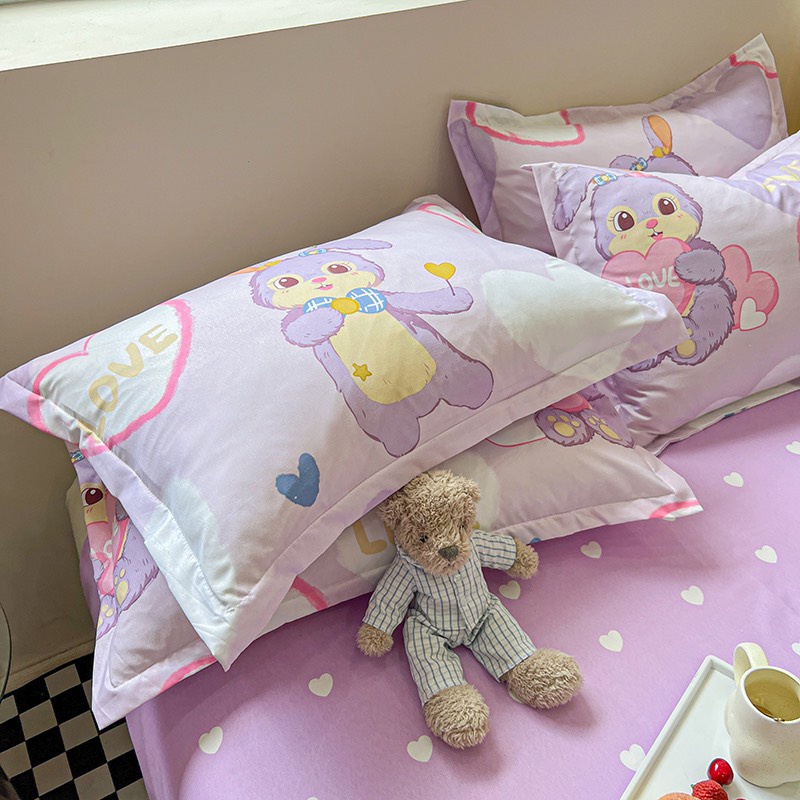 BỘ CHĂN GA GỐI COTTON POLY NHẬP KHẨU 100% ( CHĂN ĐÃ TRẦN BÔNG) HỌA TIẾT THỎ TIM TÍM - ĐỦ KÍCH THƯỚC