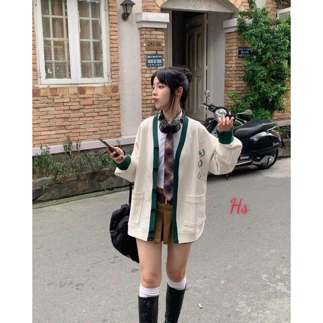 Áo Khoác Cadigan Nữ Nút Cài Phối Viền Xanh Có Túi In Logo Siêu Hot NEW UNISEX