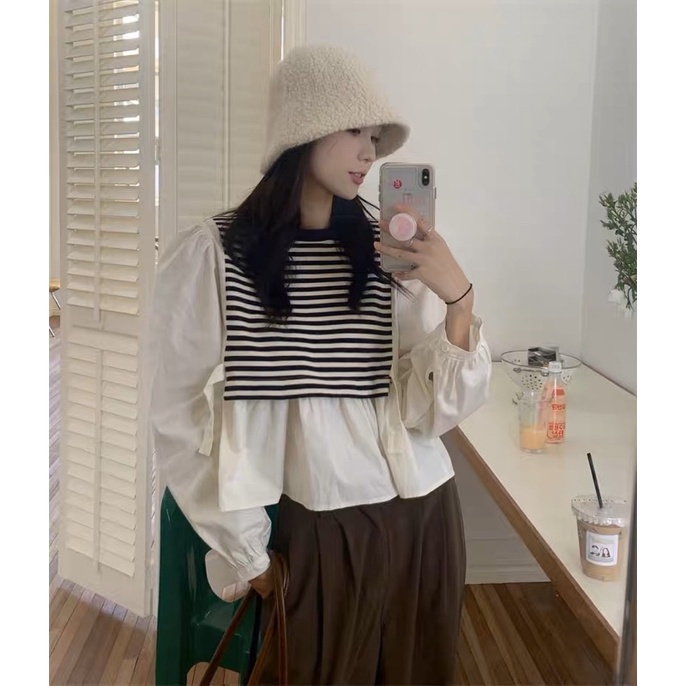 Áo sơ mi giả tay dài kẻ ngang trắng đen