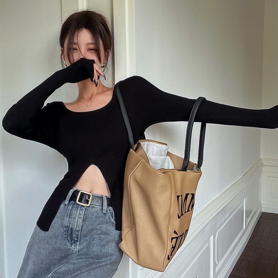 SUXI Áo Sweater Dệt Kim Cổ Vuông Xẻ Tà Ôm Dáng Họa Tiết Kẻ Sọc Thời Trang Hàn Quốc Mới