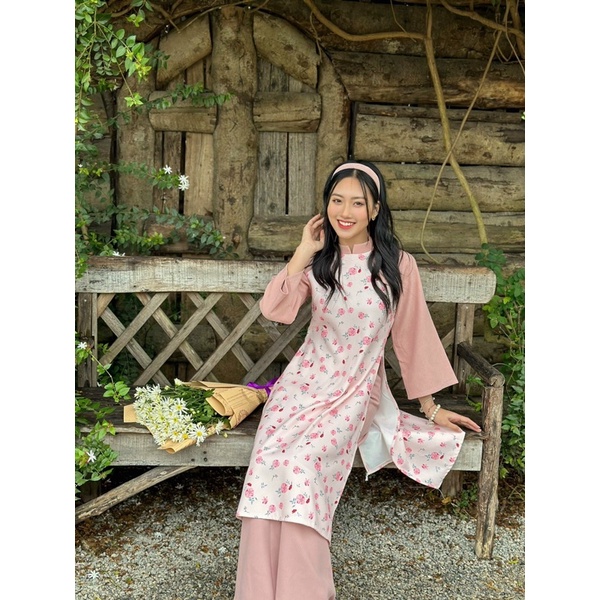 Áo dài cách tân hoa nhí Se.Na mẫu mới 2024 3 món kèm tubal xinh xắn