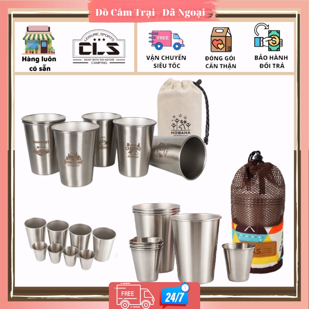 Bộ 8 cốc inox xếp gọn có túi đựng phong cách dân tộc dùng đi cắm trại, dã ngoại, trong nhà, văn phòng chính hãng