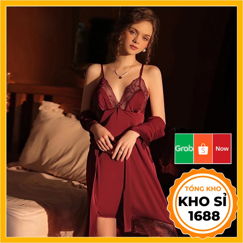 Đầm ngủ sexy quyến rũ có áo choàng lụa satin phối ren cao cấp nhiều màu váy ngủ sang trọng E1238