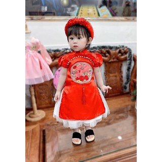 Áo Dài Lụa Đính Ngọc Kèm Mấn Cho Bé Gái