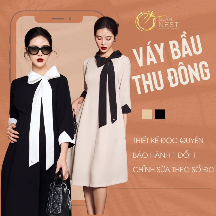Váy Bầu Thu Đông Dạo Phố Đầm Bầu Công Sở Thiết Kế Cao Cấp Glam Nest VD024