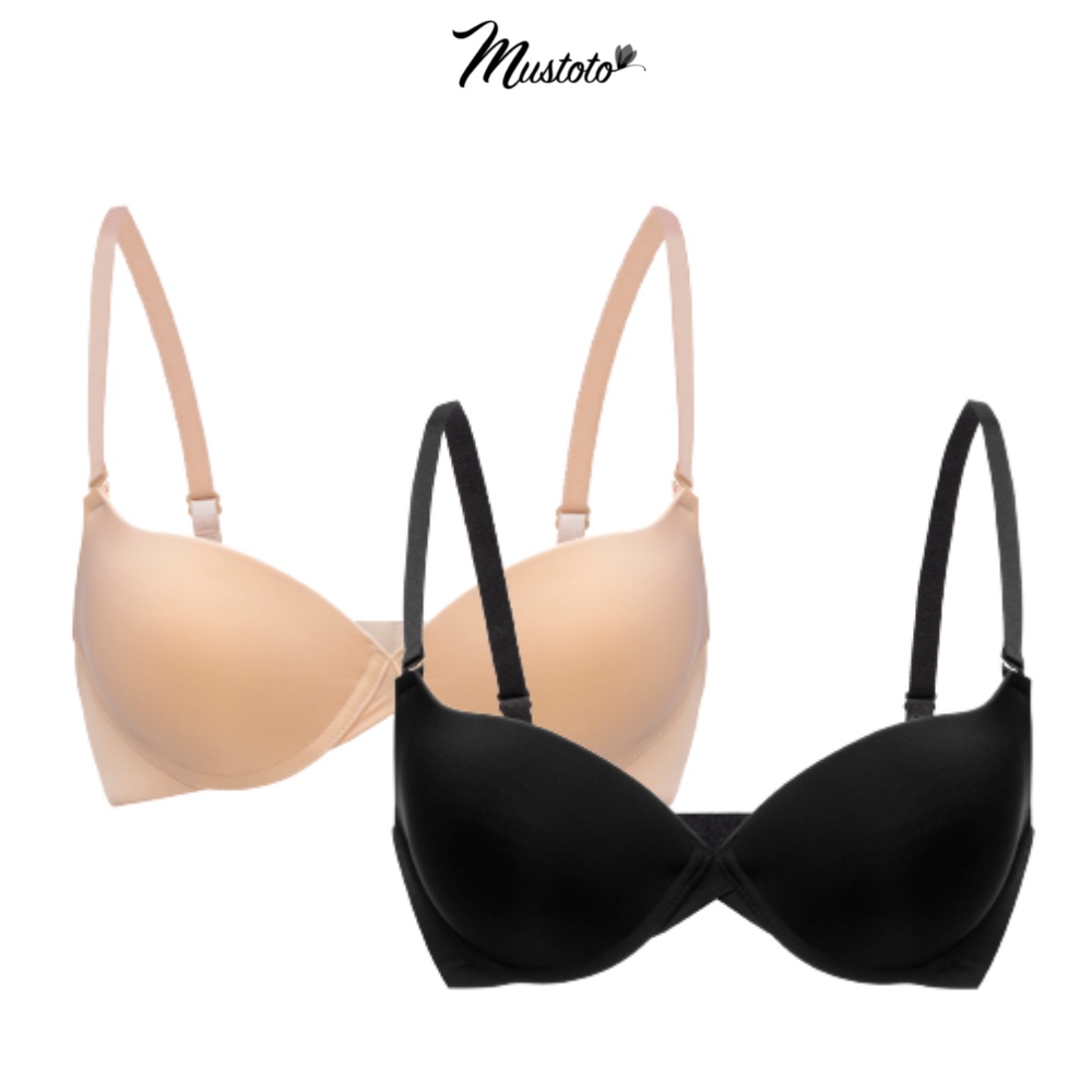 Combo 2 Áo Lót Nữ Trơn Nâng Ngực Có Gọng Mút Vừa 2cm Bra Hop Đen, Da (Mustoto MA26)