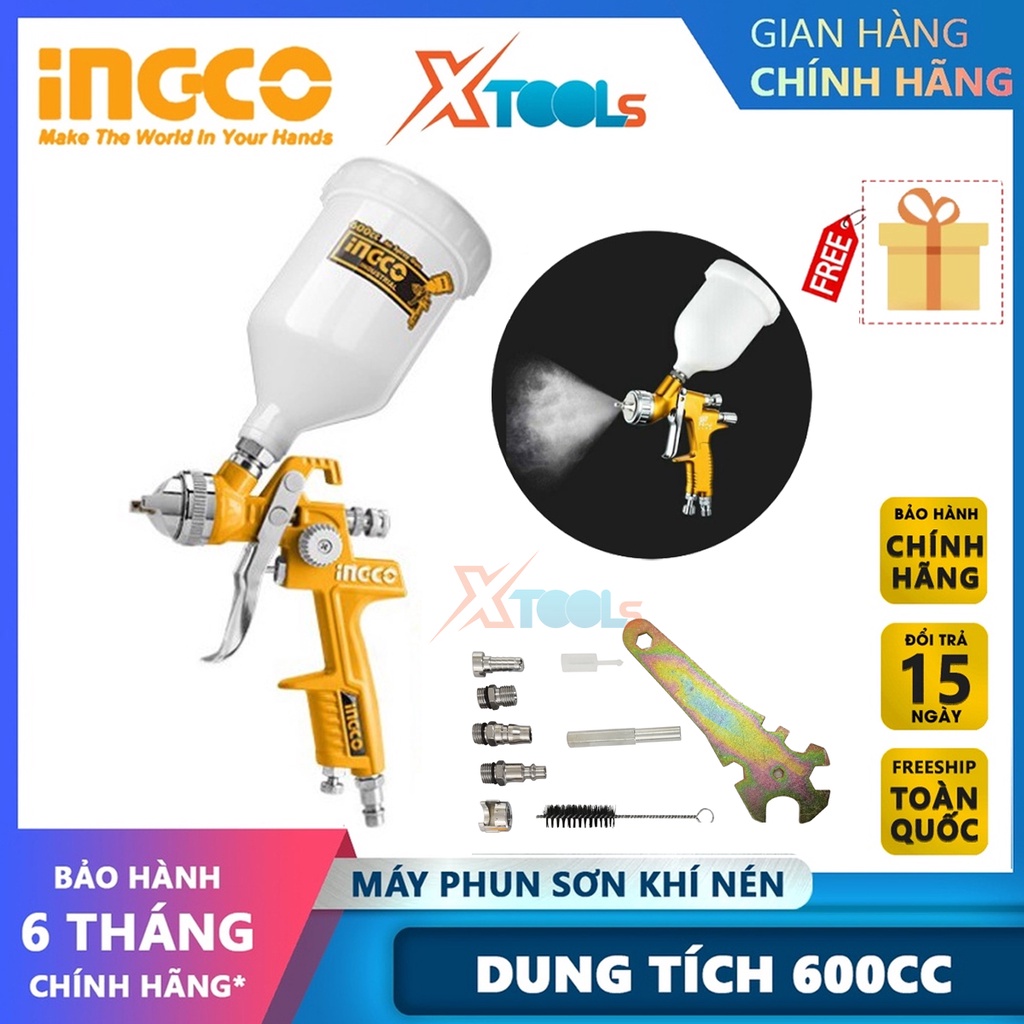 Máy phun sơn khí nén INGCO ASG1061 | súng phun sơn Vòi phun tiêu chuẩn 1,4mm, dung tích bình sơn 600cc phun sơn gỗ, sơn