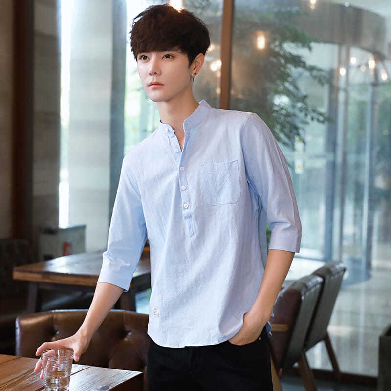 Áo Sơ Mi Cotton Lanh Mỏng Ba Lỗ Cổ Đứng Tay Ngắn Màu Xanh Da Trời Phong Cách Hàn Quốc Thời Trang Mùa Hè Cho Nam Mi