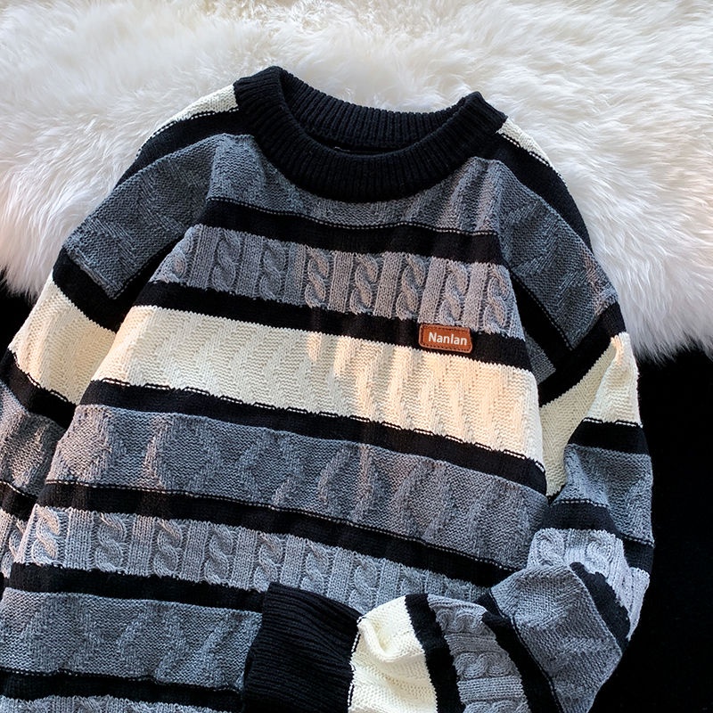 Áo Sweater Cổ Tròn Kẻ Sọc Màu Sắc Tương Phản Thời Trang Thu Đông Cho Nam Và Nữ