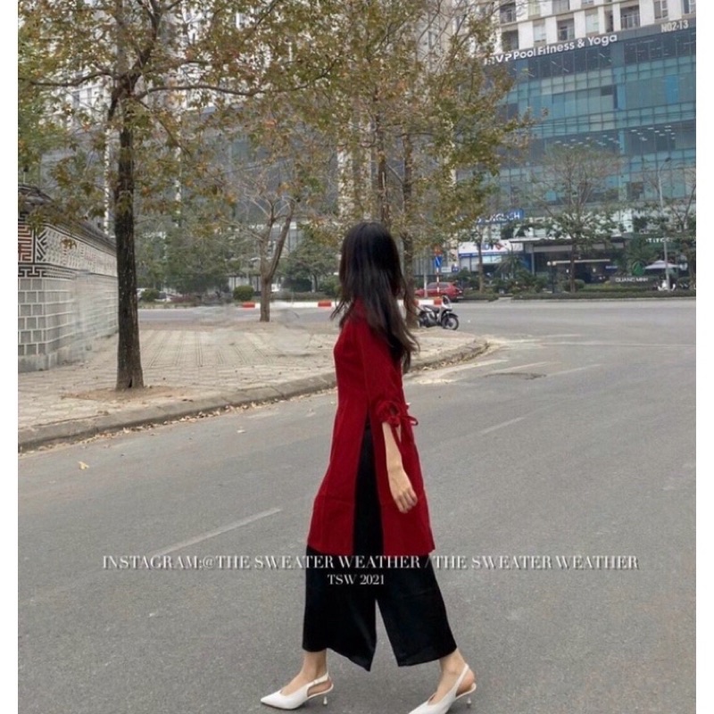 Set áo dài đỏ cách tân tay buộc nơ mặc 2 kiểu kèm chân váy/ quần suông tết 2022