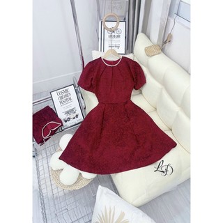 Váy đầm tiệc tùng gấm hoa đỏ cổ đính ngọc - norah