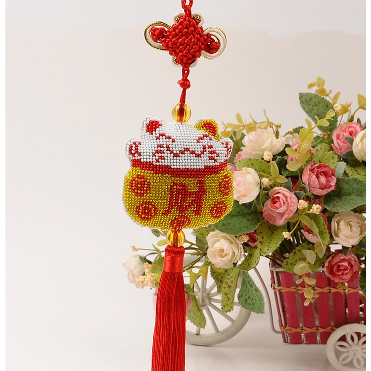 Trọn bộ vật liệu túi kết đồng tâm - túi mai mắn kết cườm treo xe hơi - mèo mai mắn