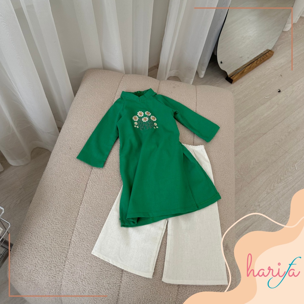 BADT010 Áo dài bé gái - chất liệu linen thêu tay - họa tiết hoa - 1-6 tuổi