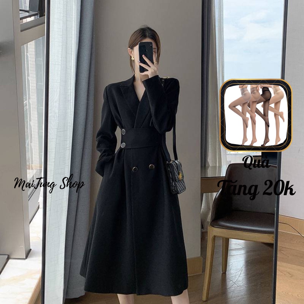 Đầm nữ cổ vest, đầm dài xẻ tà váy dài tay màu đen set váy nữ công sở phong cách Hàn Quốc