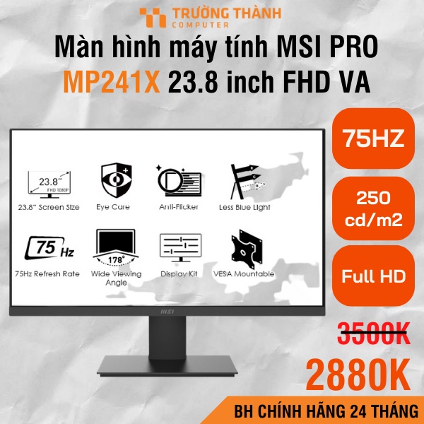 Màn hình máy tính MSI PRO MP241X 23.8inch, Full HD, Chống lóa, Hỗ trợ gắn khung chuẩn VESA
