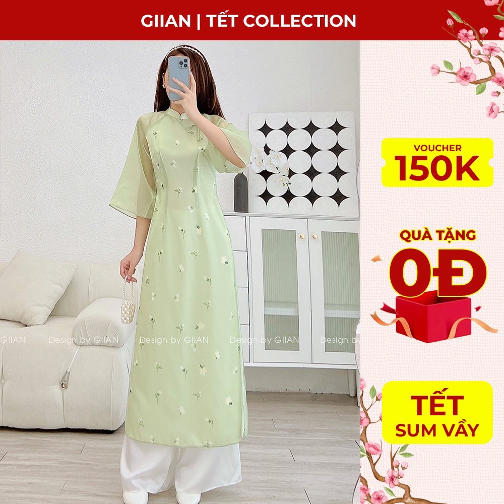 Áo dài cách tân hoa nhí đính nơ ngực phối ống loe cách điệu chính hãng Giian - GAD467