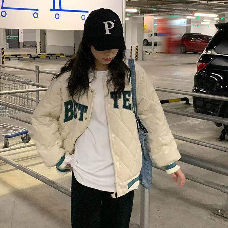 Áo Khoác Bóng Chày Dáng Rộng Vải Cotton In Chữ Thời Trang Hàn Quốc Cá Tính Cho Nữ