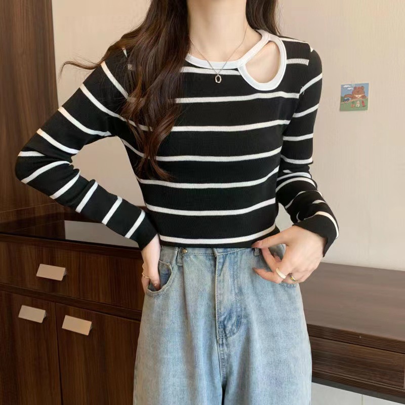 IELGYÁo sweater Dệt Kim Tay Dài Dáng Ôm Họa Tiết Kẻ Sọc Khoét Lỗ Thời Trang Cho Nữ