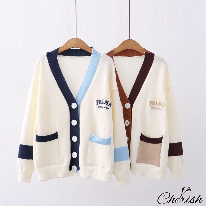 Áo Khoác Cardigan Thêu Chữ Phối 2 Màu Áo Cadigan Len Nữ dày dặn CHERISH-CD08