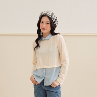 BLEUBIRD Áo len mỏng phối lụa Combined Top