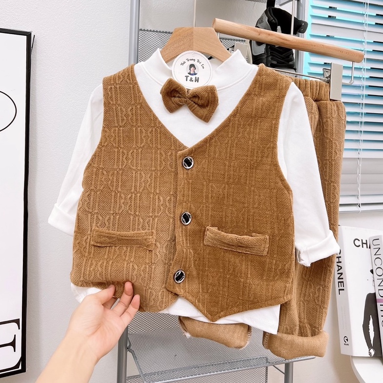 Bộ vest nhung cao cấp chữ nổi cho bé trai - Quần áo trẻ em - đồ diện tết cho bé từ 7-18 kg, DUCK412