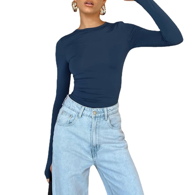 Áo Thun Crop Top Tay Dài Cổ Tròn Màu Trơn Ôm Dáng Thời Trang Mùa Thu Cho Nữ