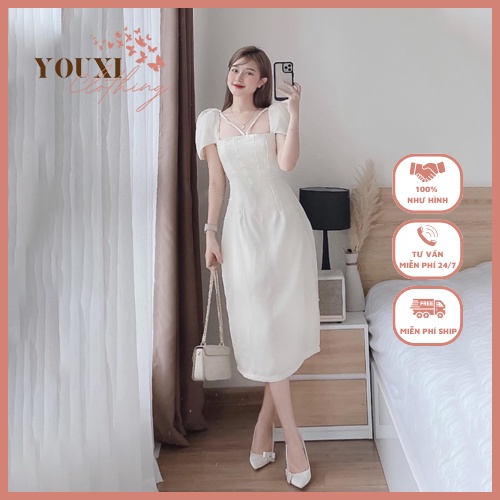 Đầm cổ vuông dự tiệc thắt dây đan chéo dáng dài 2 lớp, váy tiểu thư yếm giả nữ tính chất tweet - Youxiclothing