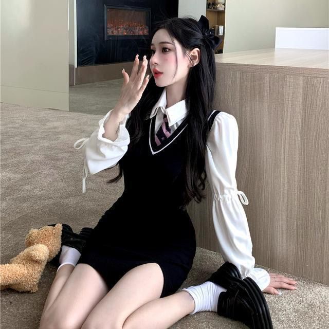 Bộ Áo Sơ Mi + Đầm Yếm Phong Cách Preppy Thời Trang Mùa Thu 2022 Cho Nữ