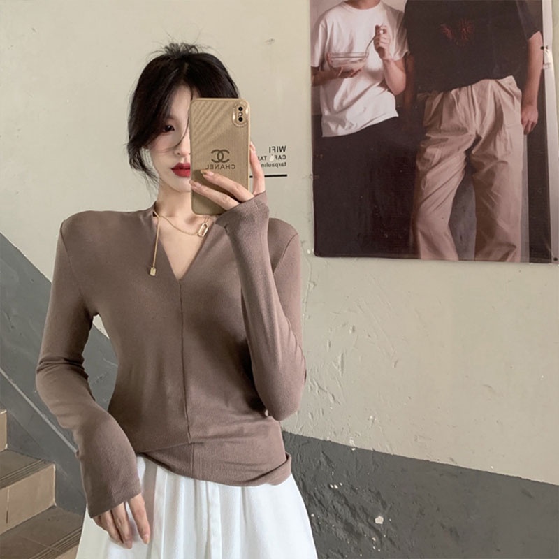 Áo thun XINLANYASHE tay dài cổ chữ V thời trang quyến rũ cho nữ