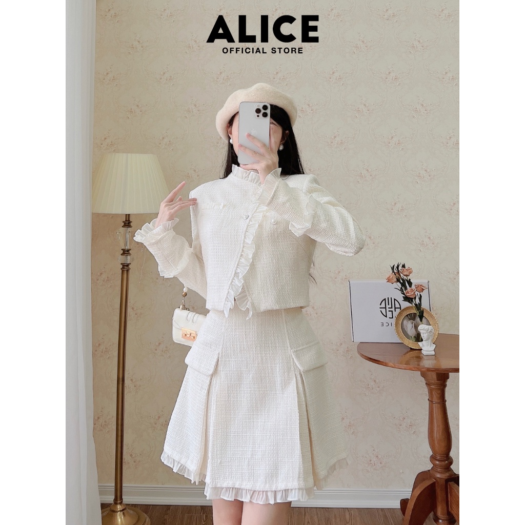 Set Áo Dạ Tweed Tiểu Thư Cổ Bèo ALICE Vạt Chéo Phối Chân Váy Xòe, Chất Vải Dày Dặn, Phong Cách Điệu Đà S235