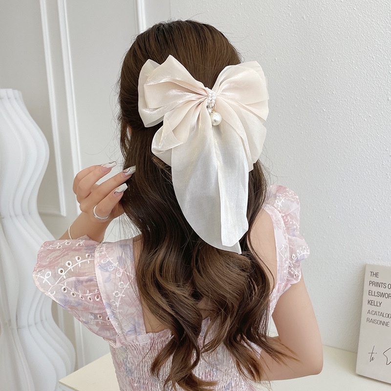 Kẹp Tóc Nơ Đính Ngọc Trai Ba Chiều Cỡ Lớn Bằng Satin Cao Cấp Phong Cách Vintage Pháp