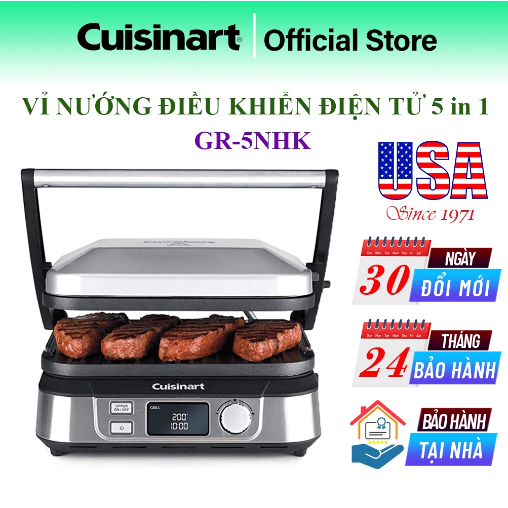 Vỉ Nướng Điều Khiển Điện Tử 5 in 1 CUISINART GR-5NHK, Nướng thịt, BBQ, Nướng Bánh Mì, Làm Bánh, Dụng Cụ Nấu Ăn Hiện Đại