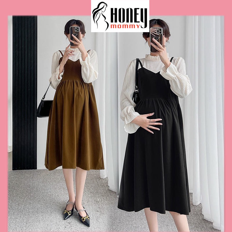Đầm Bầu Váy Bầu Dài Tay Thiết Kế Dạng Yếm Xinh Xắn Chất Nhung Tăm Dày Dặn HD4686 Honey Mommy