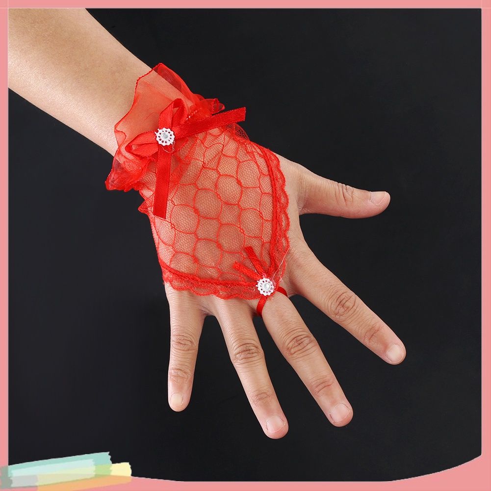 Đôi găng tay cô dâu vải ren phối nơ và ngọc giả độc đáo thời trang