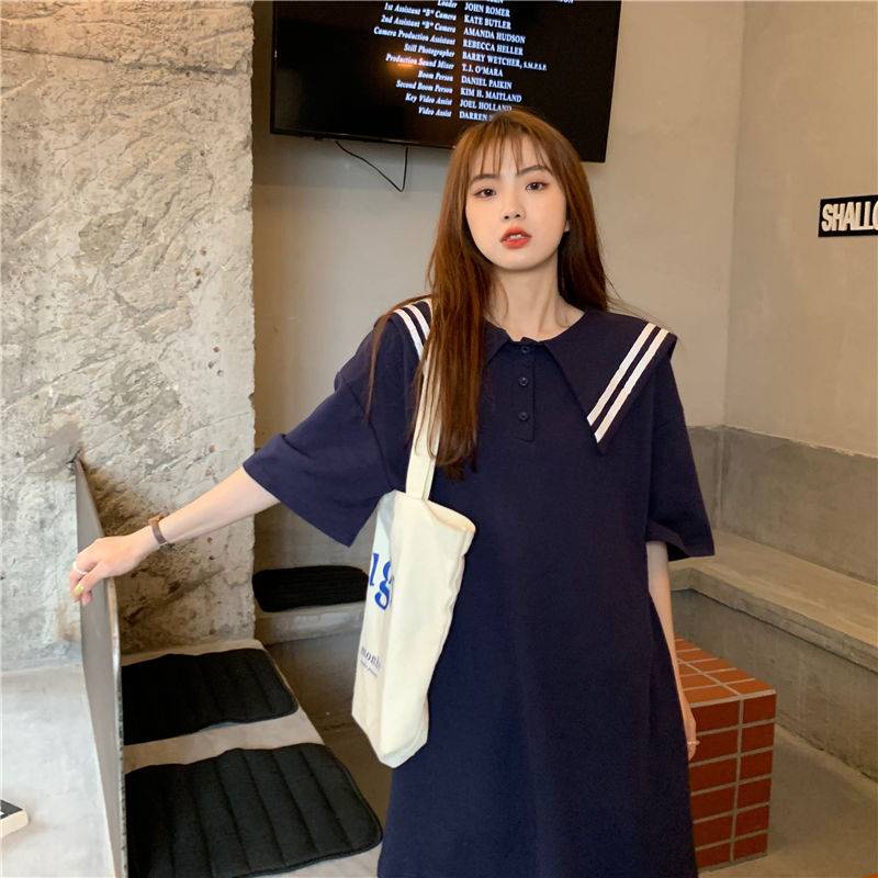 Mùa Hè Phong Cách Preppy Style 2021 Mới Áo Thun Tay Ngắn Cổ Hải Quân Nhìn Tuổi Mỏng Có Thể Ngọt Ngào Có Thể Ngọt Ngào