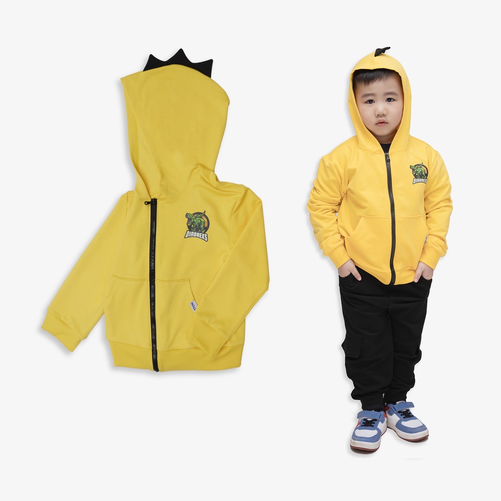 Áo phông bé trai hình khủng long Vàng Cam hoodie kéo khoá