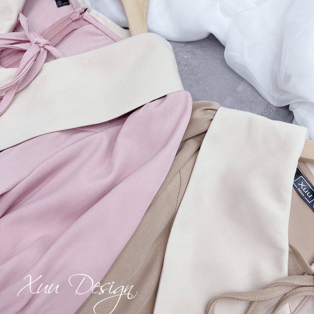 Váy nữ thiết kế dáng A xòe nhẹ cổ V phối màu thắt nơ dễ thương nhẹ nhàng thanh lịch- CHUNXUU V15