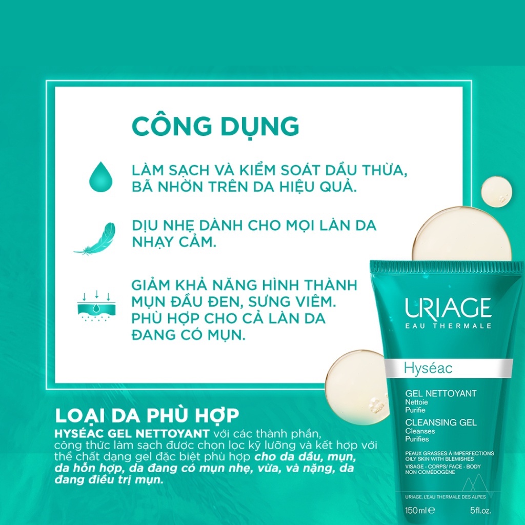 Gel rửa mặt cho da dầu, mụn URIAGE HYSÉAC GEL NETTOYANT 150ml