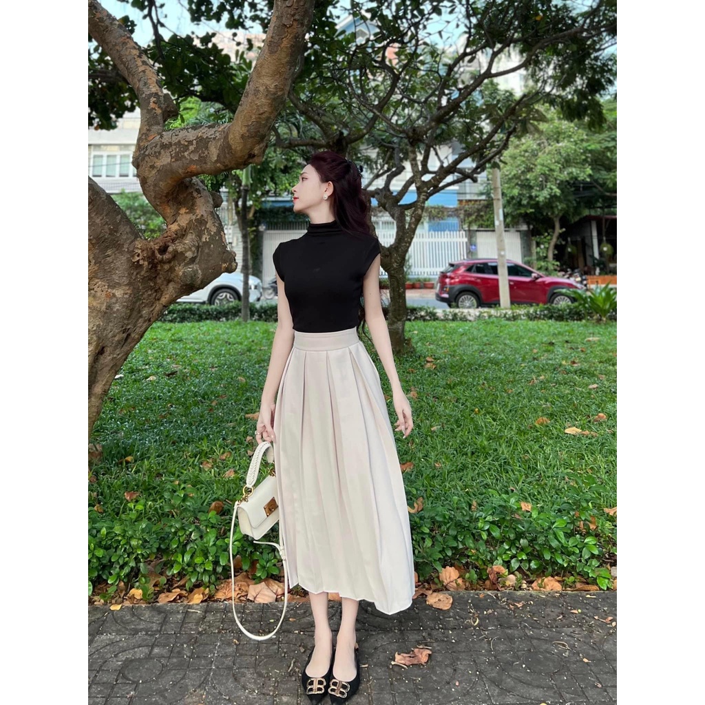 Chân váy Midi xòe dáng dài xếp ly to